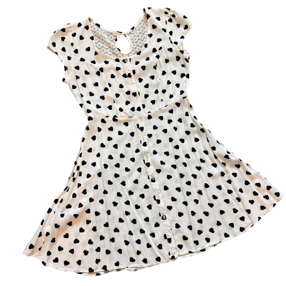 No Boundaries White Black Heart Print Button Front Lace Back Dress Small Twee